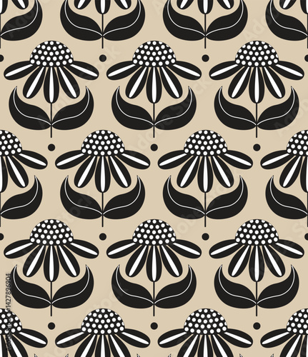 Coneflowers black and white organic retro seamless pattern on tan background
