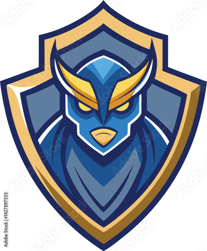 A mascot logo of a strong and reliable looking cartoon shield with a stylized emblem, representing security and trust for a protection service