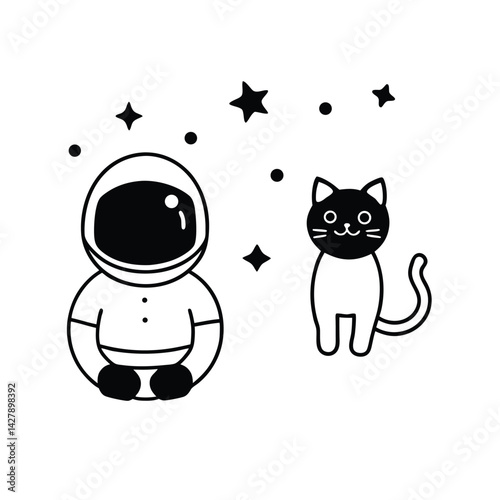 Astronaut cat space stars black and white min for web and graphic design
