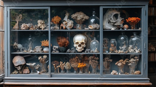 Antique Curio Cabinet Displaying Skulls, Dried Flowers, and Minerals