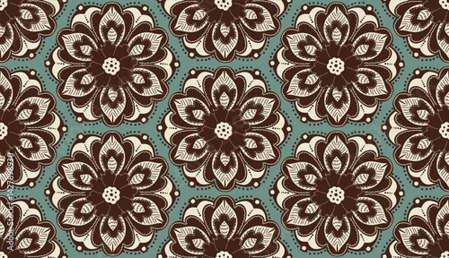 brown beige floral medallion in hexagons seamless pattern, vector illustration repeat design