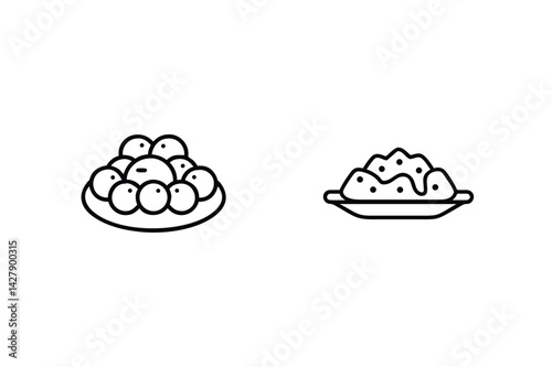 Minimalist Line Art Depicting Laddu And Halwa Indian Sweets On A Plate