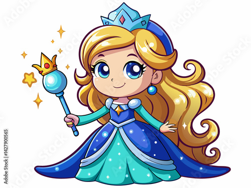A high-quality vector illustration of a cute cartoon princess in a sparkling gown with a crown and magic wand, smiling sweetly, isolated on a white background