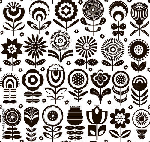 mcm mid century modern retro block print style geometric flowers blooms garden seamless pattern, vector illustration repeat design