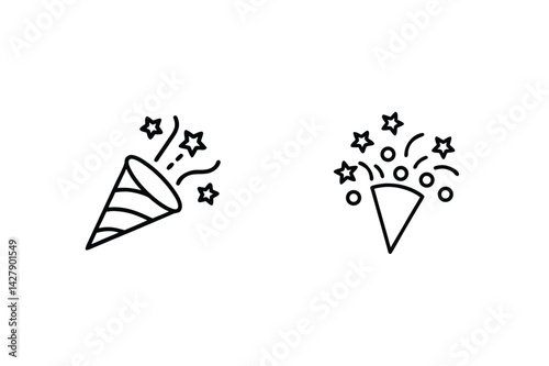 Minimalist Party Poppers Celebration Elements Black Outline Style Festive Fun