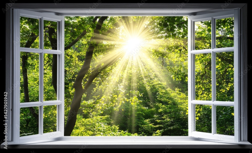 Naklejka premium Sunlight streams through a window into a lush forest