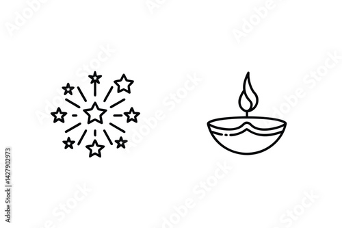 Diwali Festival Icons Set With Oil Lamp And Fireworks In Line Art