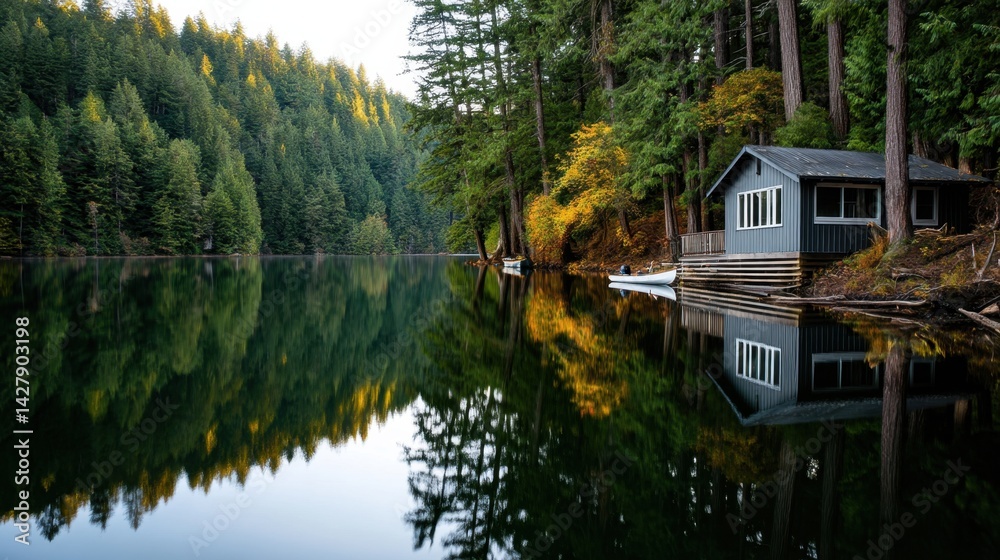 Fototapeta premium Serene Lakeside Cabin in the Forest with Reflection on Calm Water and Small Boats