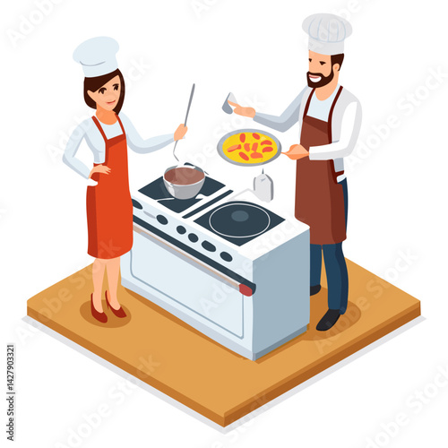 Smiling and happy female chef and male chef. Woman chef and male chef is cooking.