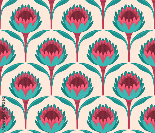 floral pattern with art deco retro mid century style australian protea seamless pattern in pink aqua on cream, vector illustration repeat design