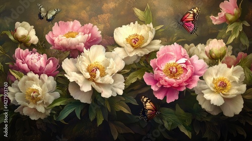 A vibrant arrangement of blooming pink and white peonies set against a dark background.