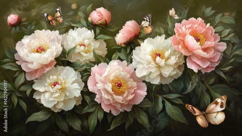 A vibrant arrangement of blooming pink and white peonies set against a dark background.