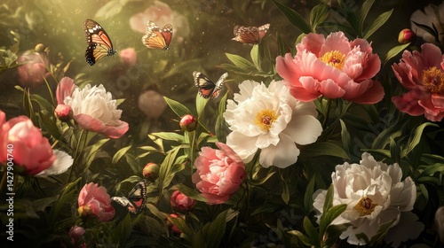 A vibrant arrangement of blooming pink and white peonies set against a dark background.