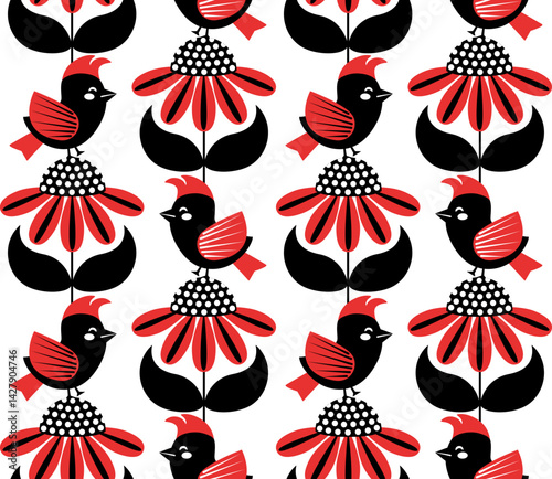 black white and red folk art scandi cute birds and coneflower stripes seamless pattern, vector illustration repeat design print