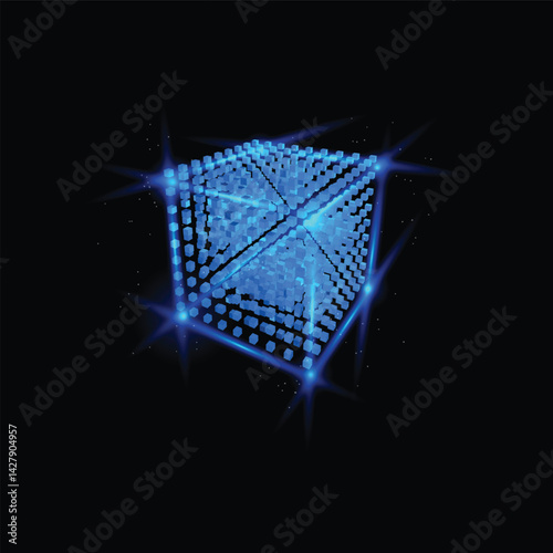 Energy blocks vector design, shining blue neon cube from square grid, high tech technology, digital cyber matrix box
