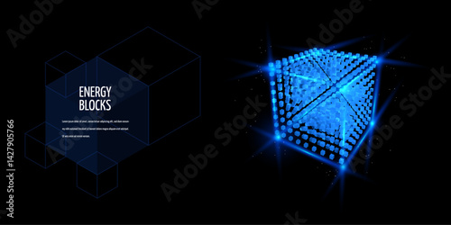 Energy blocks vector design, blue cube high tech technology, Artificial Intelligence HUD, digital energy or big data box
