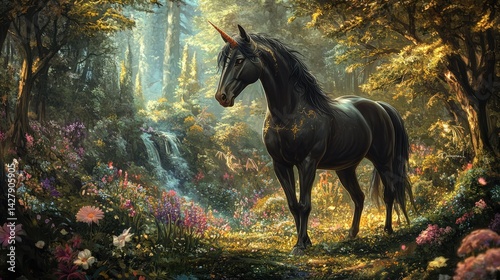 A majestic black unicorn with a long, flowing mane and tail strides gracefully through a sunlit forest