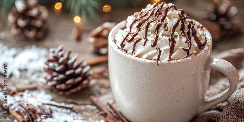 A hot chocolate with whipped cream and chocolate drizzle on a winter day. A hot chocolate with whipped cream and chocolate drizzle on a winter day.