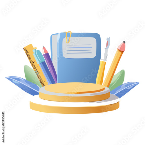 Back to school podium 3d background empty backdrop pedestal product display for stationery product placement. vector illustration of a school supplies