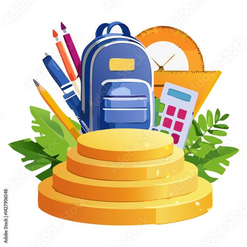 Back to school podium 3d background empty backdrop pedestal product display for stationery product placement. vector illustration of a school supplies