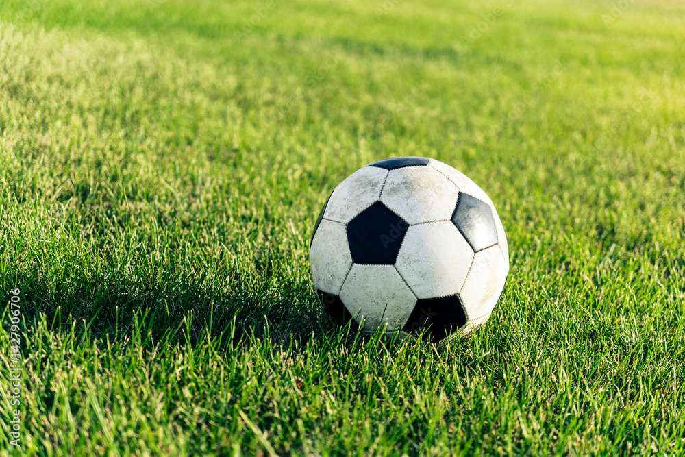 soccer field. classic soccer ball on bright green grass on football field. Summer playing sports. Copy space.
