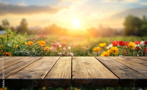 Fototapeta Naklejka Na Ścianę i Meble -  Rustic wooden table in a vibrant flower field at sunset