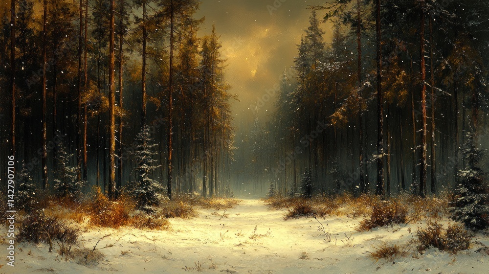 Fototapeta premium Winter's Embrace: A Snowy Forest Path