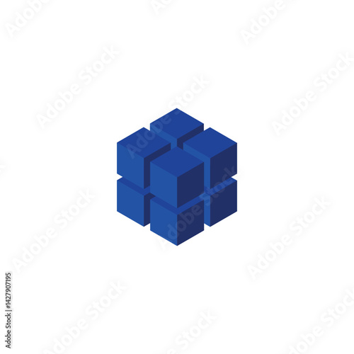 Blue cube from square grid, geometric puzzle, isometric cubic, energy blocks vector design, data box matrix, HUD element