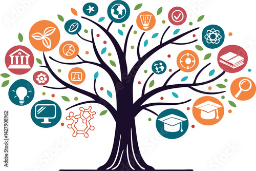 Technology Tree with Icon Leaves Vector art illustration.