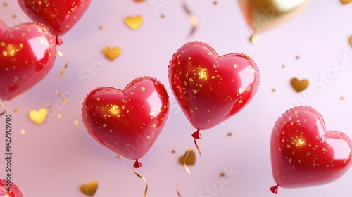 A festive arrangement of red and gold heart-shaped balloons with ribbons