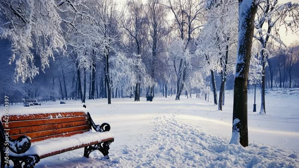 Serene winter landscape with snow covered park, wooden bench nestled among frosted trees, inviting tranquility and reflection in cold outdoor beauty of nature.