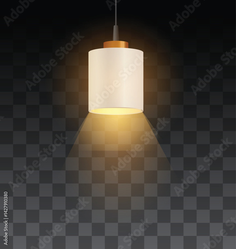 Realistic illustration of ceiling lamp with shade, isolated dark transparent background.