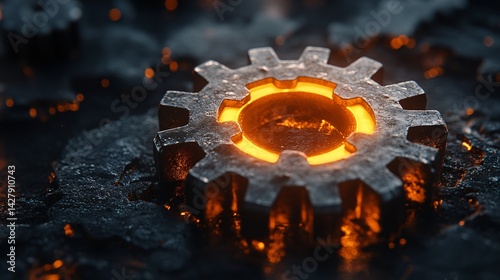 glowing metal gear gearwheel with heated edges on dark surface for industrial machinery and technology concepts