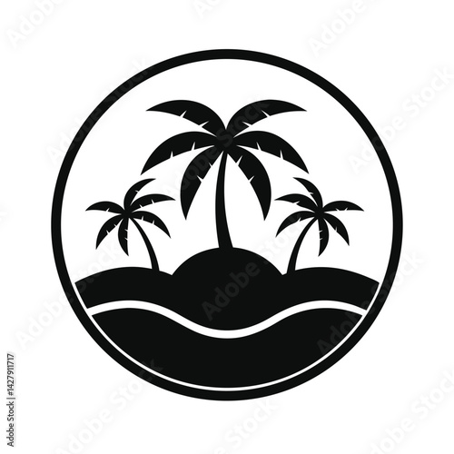 black and white illustration palm tree icon circle for web and graphic