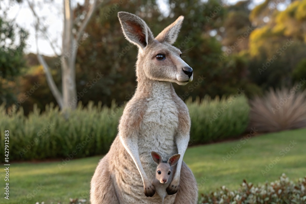 Red Kangaroo Mother Protecting Joey in Lush Green Parkland Red Kangaroo Mother Protecting Joey in Lush Green Parkland