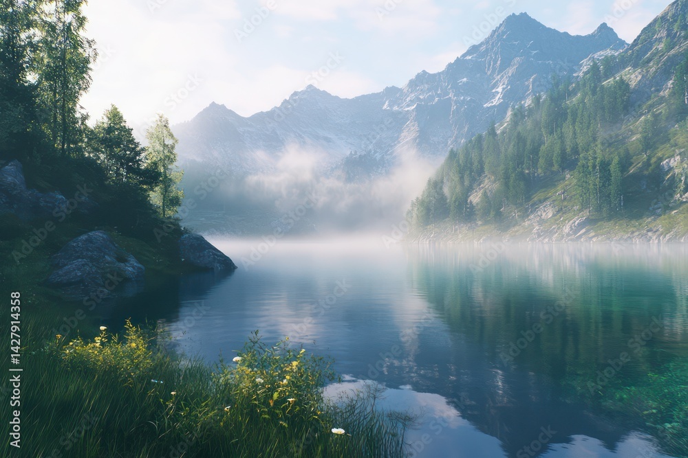 Naklejka premium Misty mountain lake landscape