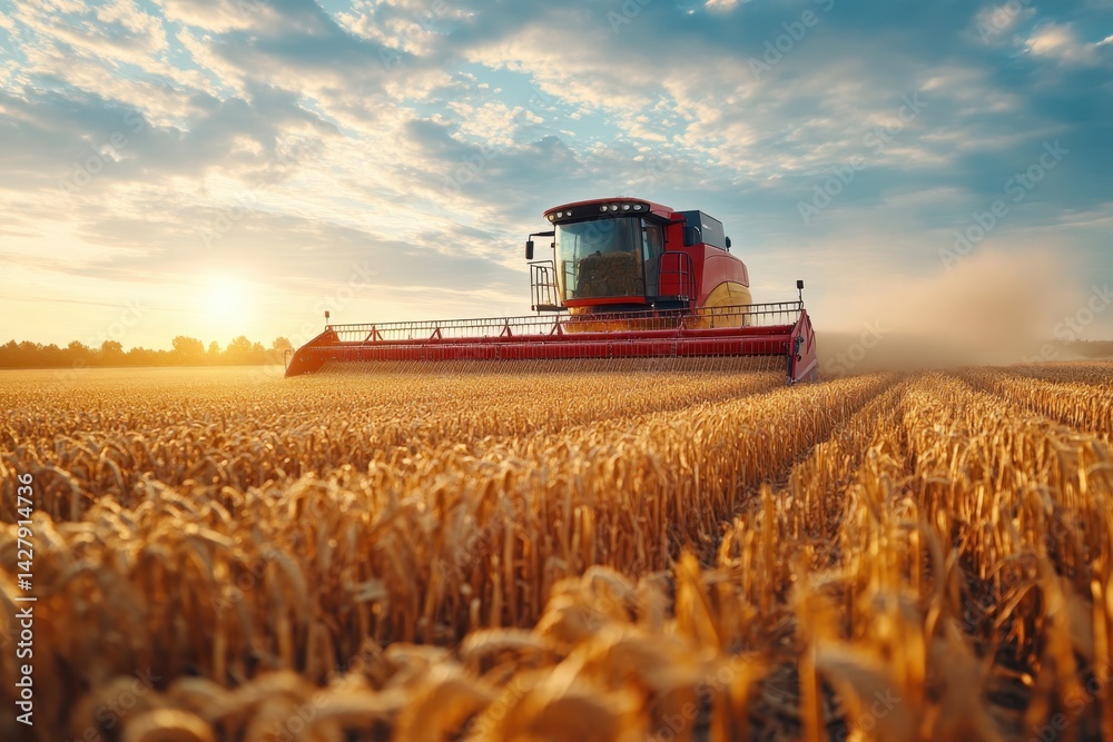 Fototapeta premium Harvesting wheat at sunset with a combine harvester in a golden field under a dramatic sky