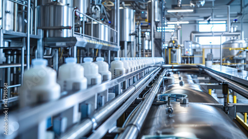 Automated milk production line in modern dairy factory, showcasing efficiency and technology