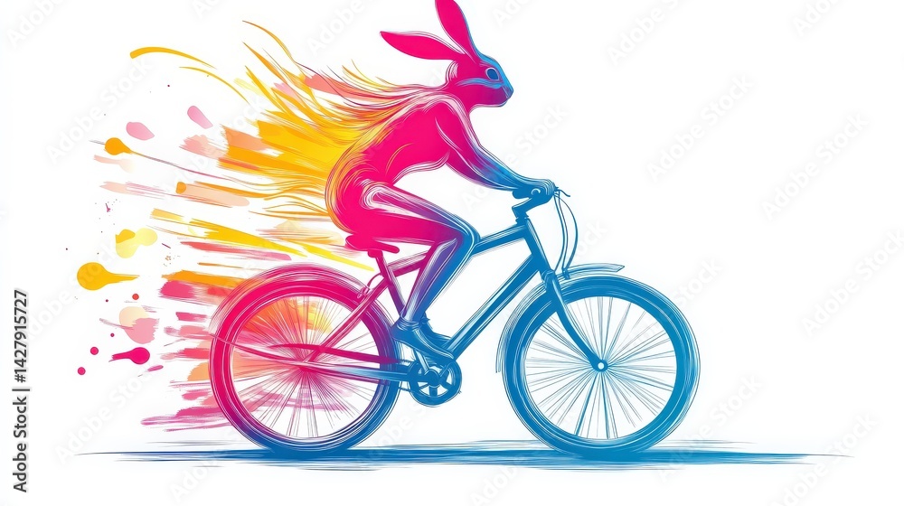 Obraz premium Colorful Rabbit Riding Bicycle in Dynamic Style