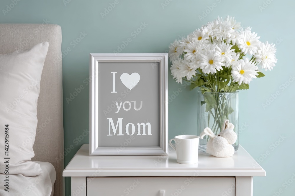 A framed photo with I love you mom message standing on a bedside table