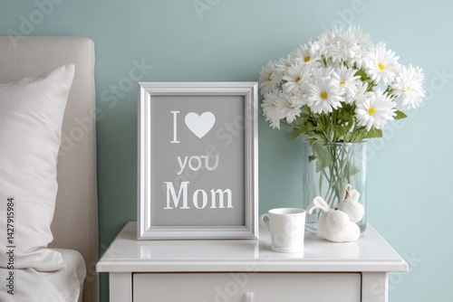 Obraz na płótnie A framed photo with I love you mom message standing on a bedside table w salonie