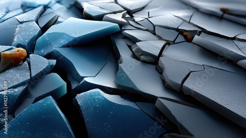 Close-up of Cracked and Fractured Ice Surface with Shadows and Texture Details photo