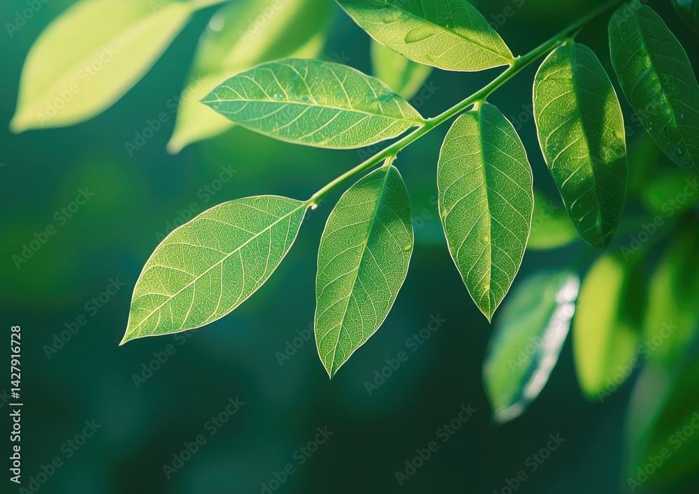 Fototapeta premium Beautiful green leaves with water droplets in close-up. Abstract nature background, suitable for an eco-product or natural cosmetic concept.