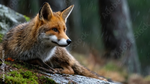 Fox resting on mossy ground during rainfall in dense forest with water droplets falling photo