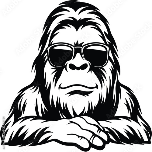 Cool Bigfoot Wearing Sunglasses, Black and White Silhouette, Hairy Creature, Relaxed Pose