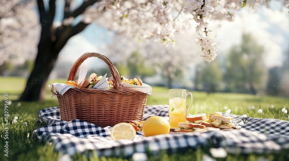 Spring picnic basket filled with delicious treats under blossoming trees. Spring picnic basket filled with delicious treats under blossoming trees.