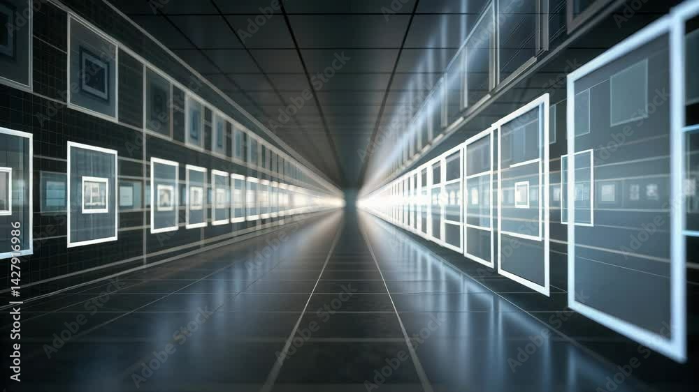 A futuristic hallway with illuminated frames lining the walls, leading to a bright light at the end, evoking a sense of depth and modernity. A futuristic hallway with illuminated frames lining the walls, leading to a bright light at the end, evoking a sense of depth and modernity.