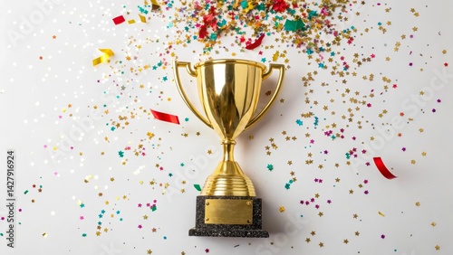 The winner's gold cup is surrounded by bright confetti and sparkling glitter. Symbolizes success, goal achievement and triumph. Suitable for competition, leadership and awards themes. photo