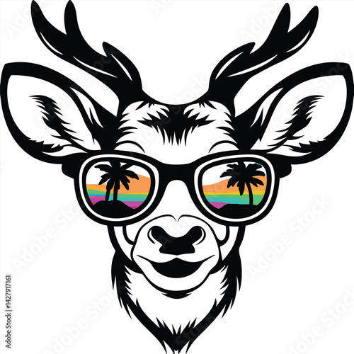 Stylized Deer Head Black Silhouette Wearing Sunglasses Reflecting Tropical