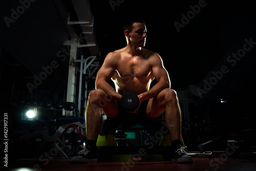 bodybuilder doing heavy weight exercise for biceps with dumbbell. concept of sports and training. Muscular man with dumbbells in a dark gym